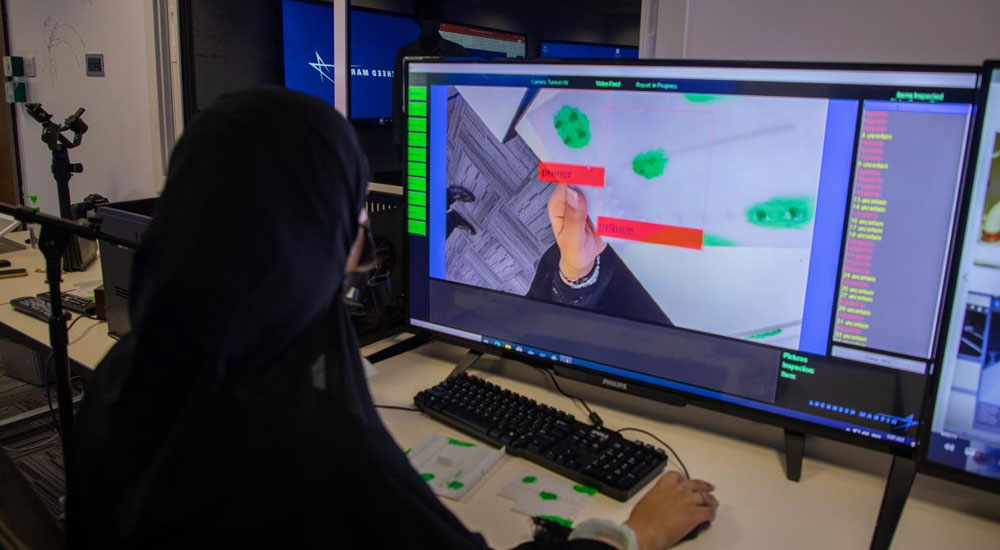 A UAE intern demonstrates the newly developed AI neural network that detects paint and primer defects on aircraft.