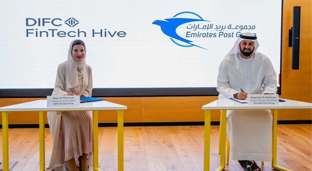 (Left to Right) Raja Al Mazrouei, Executive Vice President of DIFC Fintech Hive and Abdulla Mohammed Alashram, Group CEO of Emirates Post Group