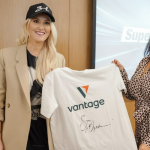 Alexandra Mary Hirschi from Supercar Blondie, and Nadine Azzam, Head of MENA for Vantage, at the signing ceremony and press conference held on 18 January in Dubai.
