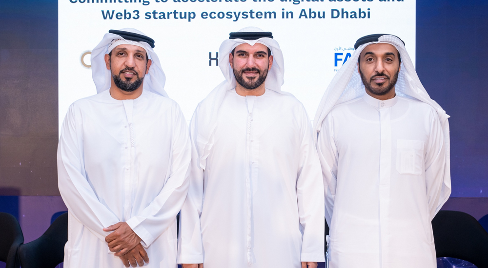 (Left to right) Ahmad Ali Alwan, Deputy Chief Executive Officer of Hub71, Dhaher bin Dhaher Al Mheiri, CEO of ADGM and Suhail Bin Tarraf, Group Chief Operating Officer at First Abu Dhabi Bank launch Hub71+ Digital Assets.