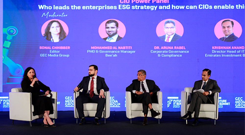 (Left to right) Sonal Chhibber, Editor, GEC Media Group; Mohammed Al Nabtiti-PMO & Governance Manager, Bee'ah; Dr. Aruna Rabel-Corporate Governance & Compliance and Krishnan Anand- Director Head of IT, Emirates Investment Bank.