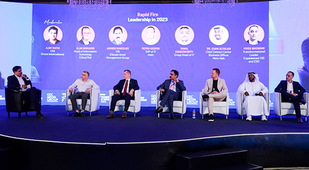 (Left to right) Ajay Rathi-CTO, Druce International; Alan Brouard-Head of Information Technology, Etihad Rail; Anindo Banerjee-CIO, Eltizam Asset Management Group; Peter Gesper-SVP of IT, noon; Tamal Chakravorty, Group Head of IT; Dr. Esam Alfalasi-Chief Contact Center Business Officer, Moro Hub; and Viven Bhowani-Transformational Leader, Experienced CIO and COO.