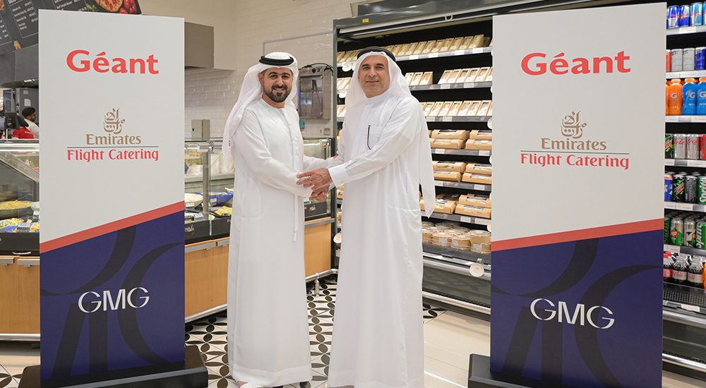 Mohammad A. Baker, Deputy Chairman and CEO of GMG and Mahmood Ameen, Chief Executive Officer, Emirates Flight Catering announcing the partnership