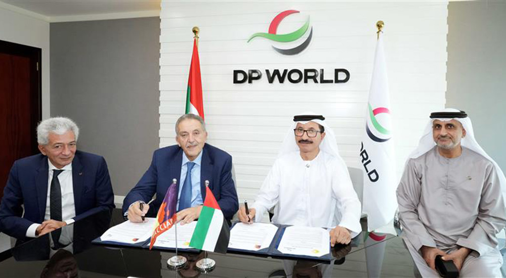 From left to right: D. Alaa Ezz, President of the Union of Euro-Mediterranean Business Organizations; Ahmed Al Wakeel, President of the Federation of Egyptian Chambers, President of the Union of African Chambers of Commerce; H.E. Sultan Ahmed bin Sulayem – Group Chairman and CEO of DP World. Mahmood Al Bastaki – Chief Operating Officer, DP World.